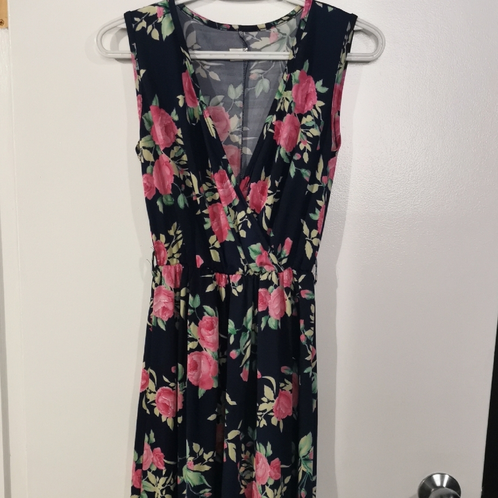 Pink and Red Floral V-Neck Midi Sundress
